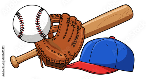 Vector Sports Equipment SVG Icon Set with Baseball Bat Glove Cap and Ball in Flat Geometric Style