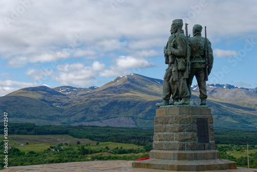 The Bronze Commando Memorial at Spean Bridge with the Three Commandos looking south towards Ben Nevis and Aonach Mor.