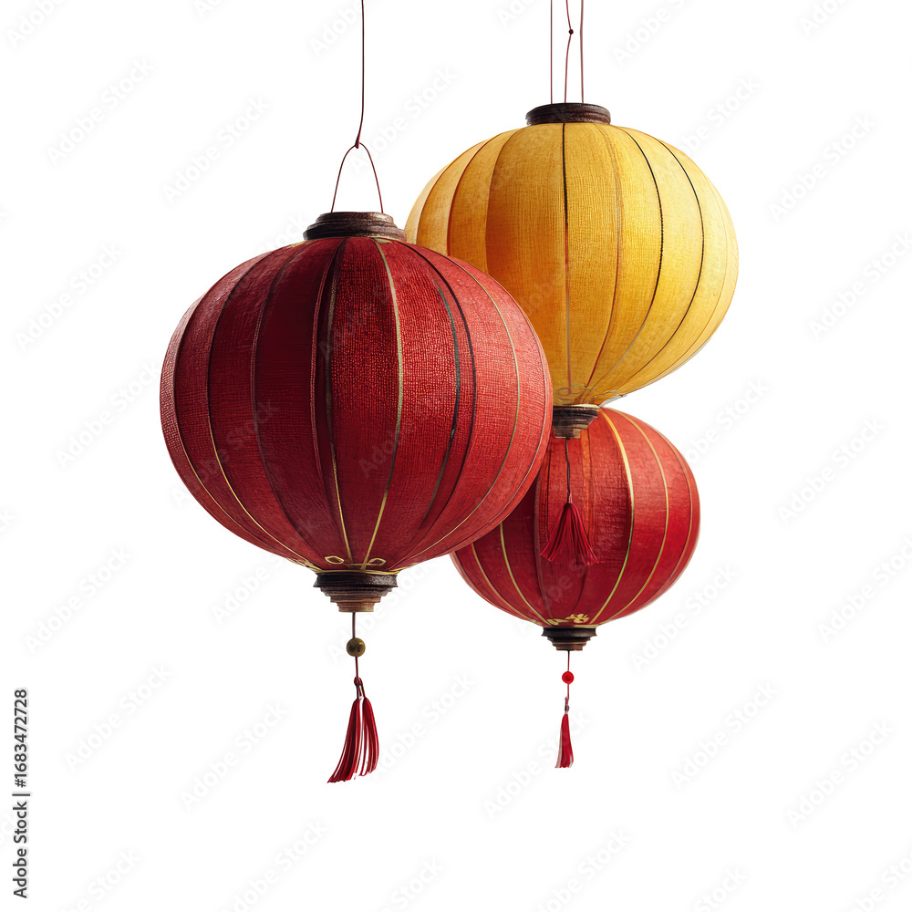Fototapeta premium Three traditional Asian lanterns, red and yellow, hanging