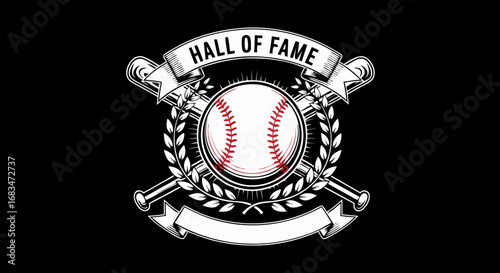 Vector Sports Themed SVG Icon Set with Baseball and Laurel Wreath in Modern Flat Style with Black and White Colors