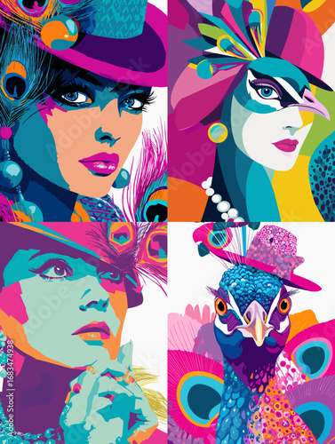 Stylish pop art illustration of elegant women and a peacock wearing fashionable hats, featuring bold colors and geometric modern design.