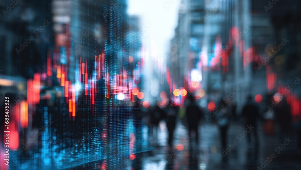 Fototapeta premium Blurry cityscape with overlaid financial charts