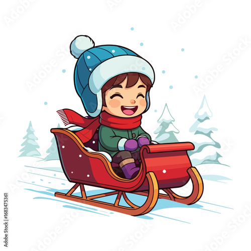 A cartoon girl on a red sled has fun in the snow