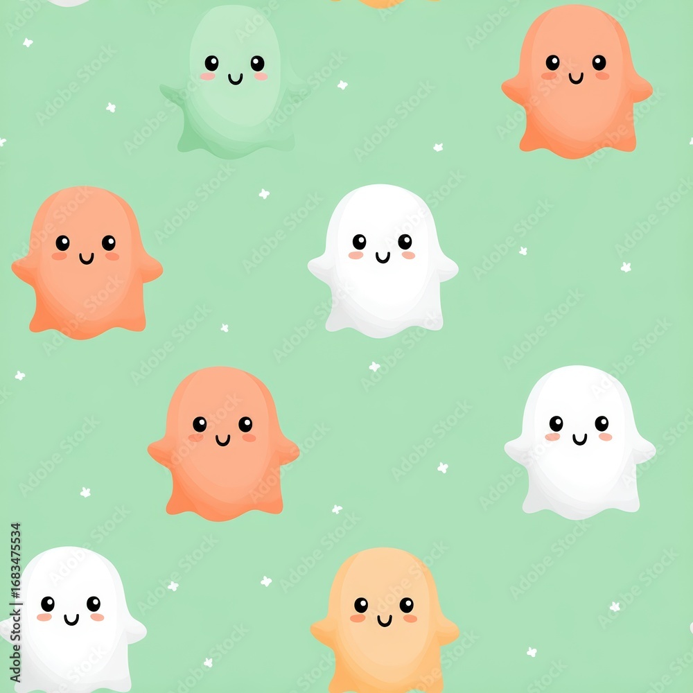 Fototapeta premium Colorful Cute Ghost Characters on Soft Green Background with Stars