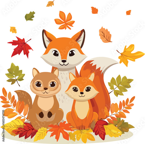 Cute woodland animals (fox, squirrel, owl) with autumn leaves