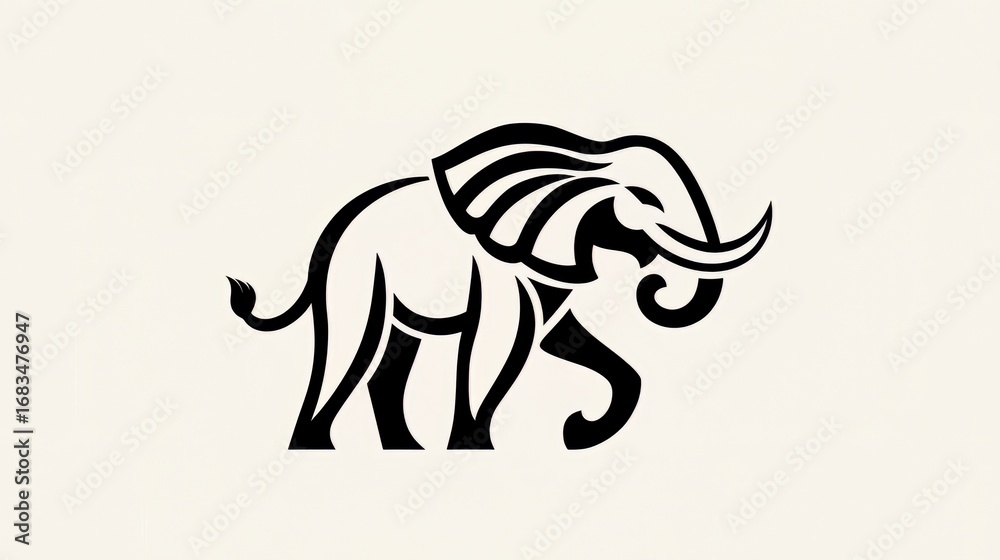 Fototapeta premium Black and white drawing of an elephant. The elephant is walking across a white background. The elephant is the main focus of the image