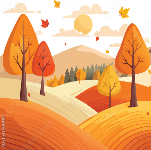 Autumn landscape with trees, hills, and warm colors
