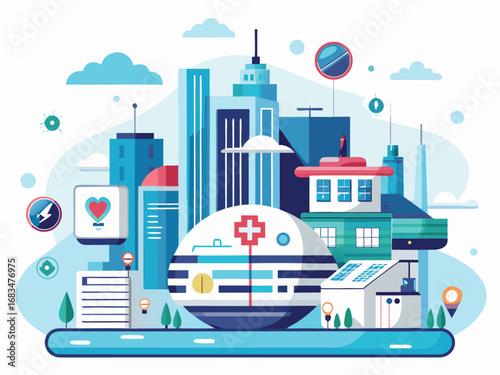 Futuristic healthcare cityscape with advanced medical facilities and technology