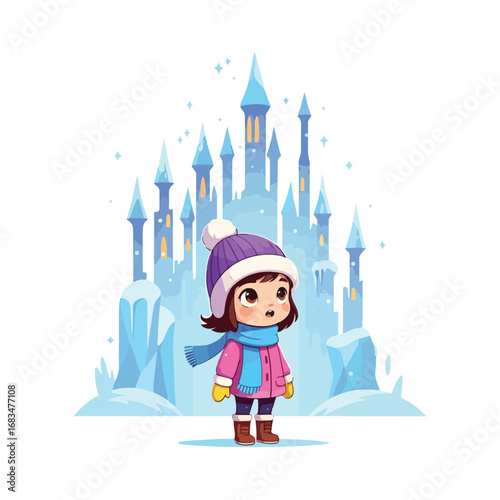 Vector Christmas and winter holiday cartoon illustration of a fairy tale city with a house, a castle, and a church in a town covered in snow