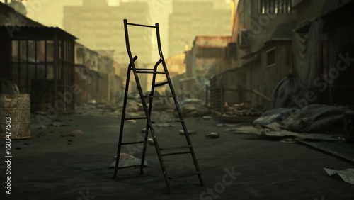 Tablou pe pânză A black ladder stands alone in a desolate market street filled with debris and scattered trash