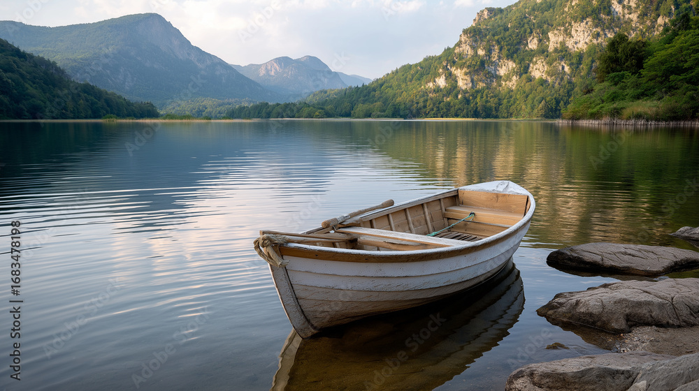 Obraz premium A boat on a mountain lake, the scenic scene illuminated by soft light. Boat, mountain, with copy space