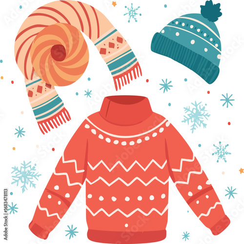 Cozy sweater, scarf, and hat flat vector set