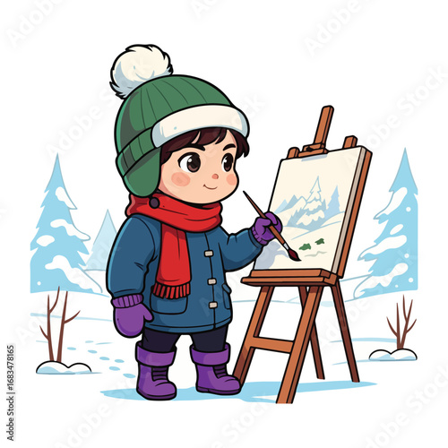 A young cartoon artist in a hat and winter coat sits on a sledge, painting a fun illustration on an easel with a brush