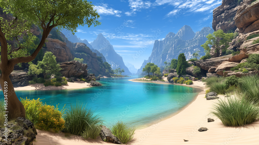 Fototapeta premium A breathtaking fantasy landscape with a large, majestic mountain range reflected in a perfectly still, serene lake, under a mystical sky.