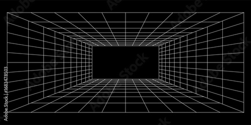 Empty futuristic digital box room grey-black background with white grid space line color surface. Network cyber technology. banner, cover, terrain, sci-fi, wireframe, and related to background.