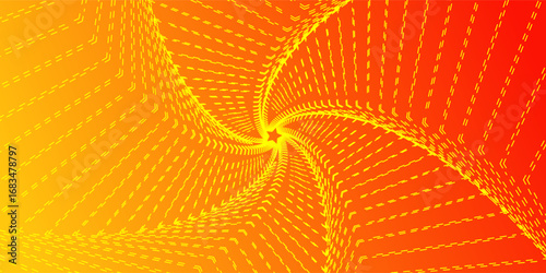 Five-pointed figure, a whirlwind, a spiral of lines and points on a gradient background. Smooth pattern of many dots on red orange background. Vector EPS