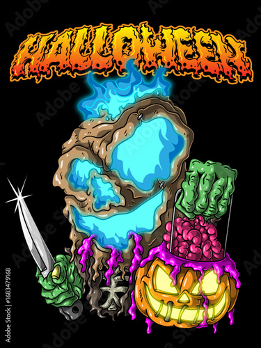 Flaming Skull Pumpkin – Undead Halloween Killer Illustration
