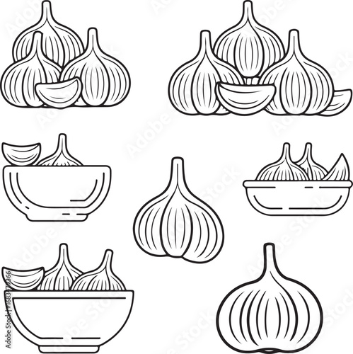 Organic Peeled Garlic Clove Line Icons