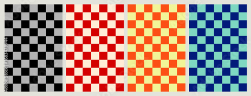 Checkerboard pattern poster set with colorful geometric square designs in black gray, red cream, orange yellow, and blue cyan variations for backgrounds, posters, textiles, and digital artwork