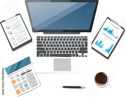 Office workspace setup- laptop, coffee, documents, charts 