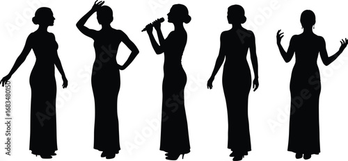 Elegant female silhouettes in long dresses performing and posing with various expressive gestures, isolated black vector illustration on white background.
