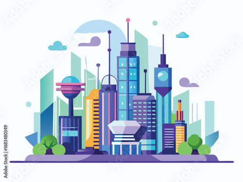 Modern futuristic smart city skyline with tall buildings and advanced technology
