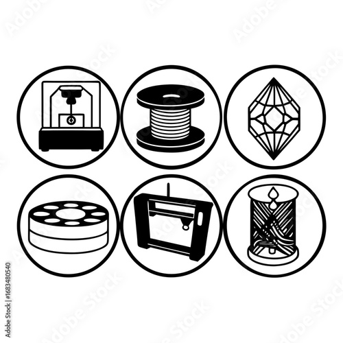 Illustration of printer, spool, diamond, disc, cutter and bobbin