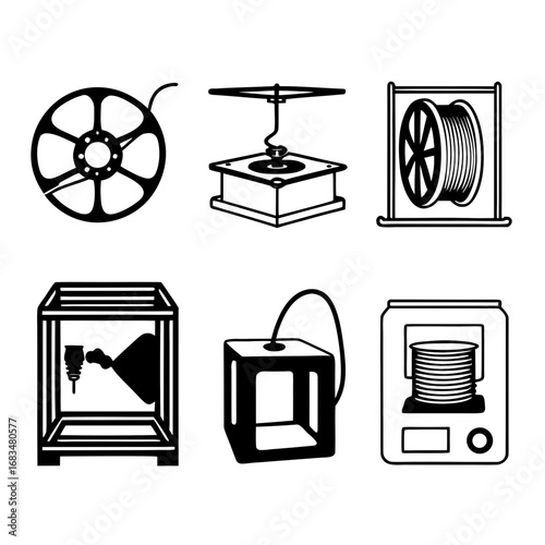 Set of six 3d printer icons, representing modern manufacturing technology