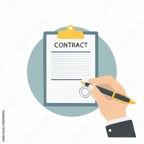 A simple vector icon illustration of a contract being signed with a fountain pen