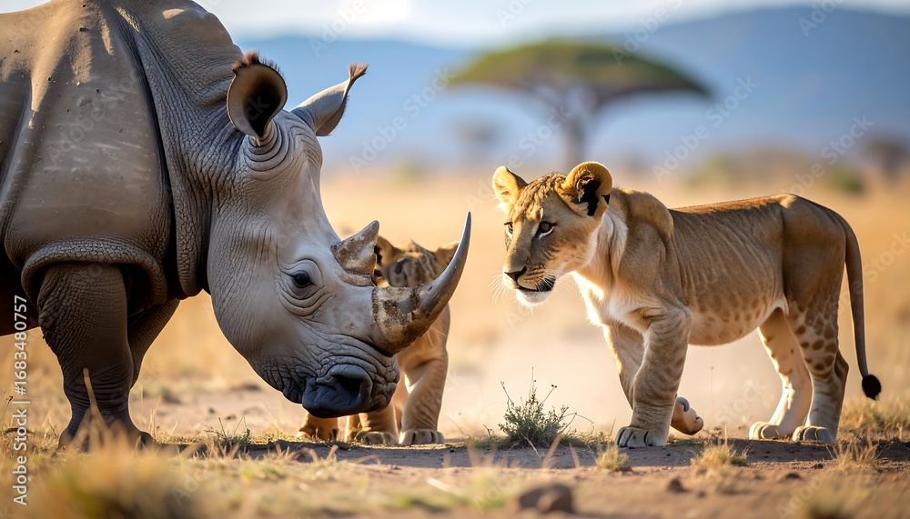 Fototapeta premium A rhino and a lion cub share a peaceful encounter in a golden savanna landscape.
