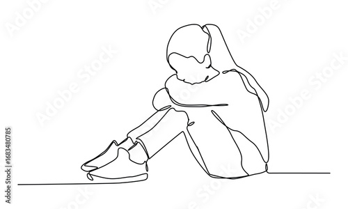 continuous one line art of Kids are sitting sad vector illustration.