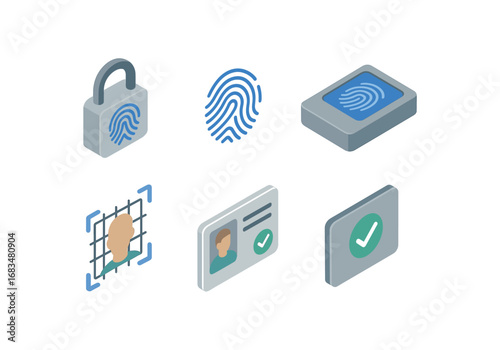 isometric icon items isolated on white background fingerprint lock print detail reader pad biometric grid id check access