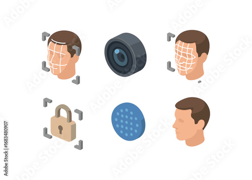 isometric icon items isolated on white background face scan camera lens face grid unlock frame biometric dot profile head