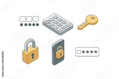 isometric icon items isolated on white background pin code number pad access key lock digit phone lock secure input