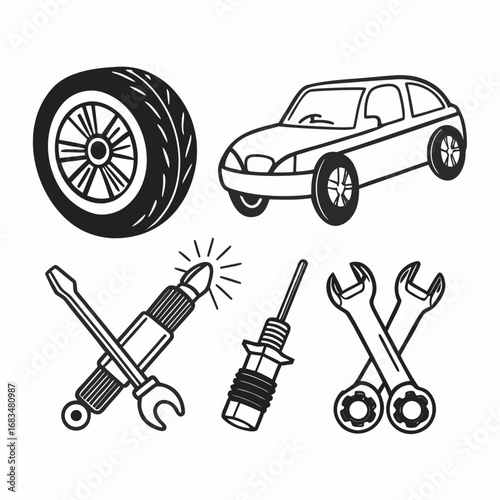 Illustration of car, wheel, wrench, and screwdriver icons for auto repair