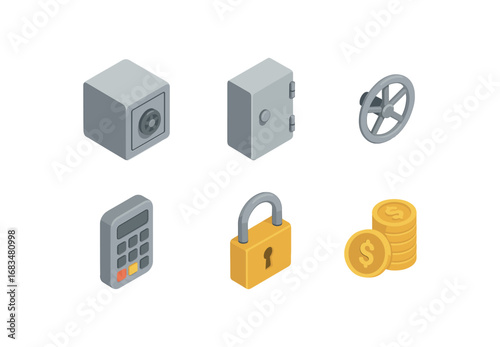 isometric icon items isolated on white background bank vault steel door wheel lock access keypad safety lock coin stack