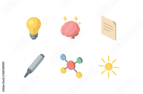 isometric icon items isolated on white background idea bulb brain spark paper note sketch pen mind map light ray