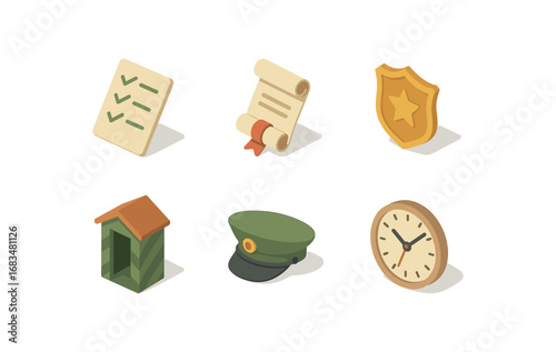 isometric icon items isolated on white background duty list oath scroll service badge guard post duty hat watch clock