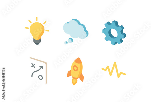 isometric icon items isolated on white background bright idea thought cloud gear wheel plan sheet innovation spark line