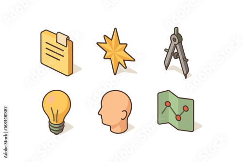 isometric icon items isolated on white background purpose note guiding compass tool idea lamp reason map