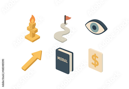 isometric icon items isolated on white background higher purpose life path eye destiny arrow moral book value card