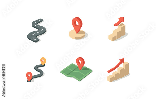 isometric icon items isolated on white background roadmap line milestone pin step arrow journey path travel map progress chart