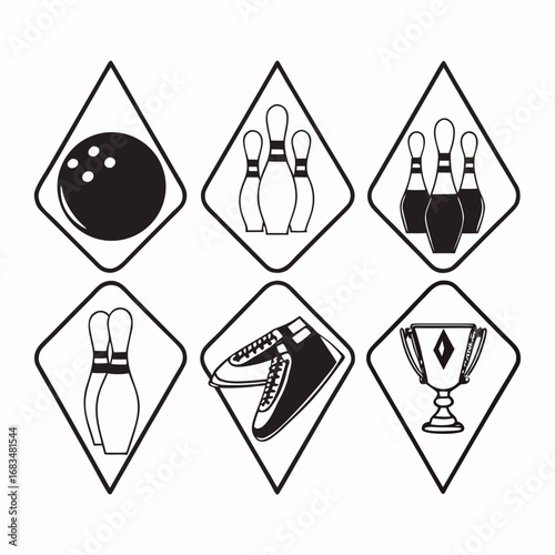 Bowling icons in diamond shapes, featuring pins, ball, shoe and trophy