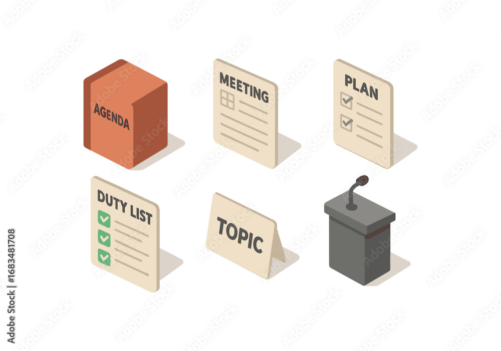 Fototapeta premium isometric icon items isolated on white background agenda book meeting note plan page duty list topic speaker slot