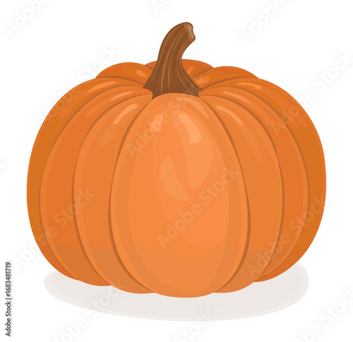 Appetizing round ribbed pumpkin clipart, glossy vegetable in vibrant colors, shiny autumn fruit. Orange fall harvest vector illustration