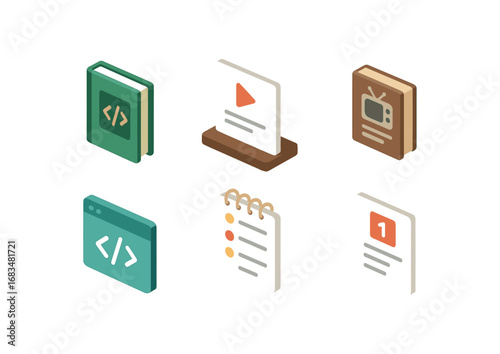 isometric icon items isolated on white background program book lecture slot tv guide code agenda list event sheet