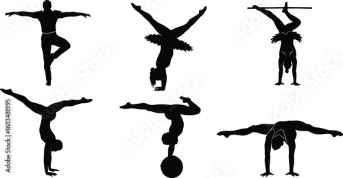 Silhouette Acrobat and Gymnast Vector Set with Handstand, Balance Poses, Circus and Dance Performers in Artistic Athletic Positions