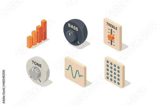 isometric icon items isolated on white background audio equalizer bass knob treble bar tone dial frequency line sound grid