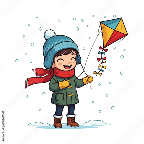 Happy boy with kite enjoys winter fun and childhood joy