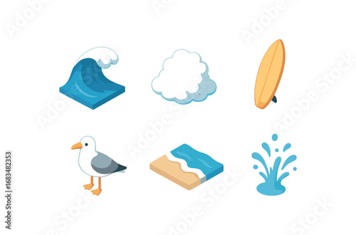 isometric icon items isolated on white background wave crest ocean foam surf board sea gull tide line water spray